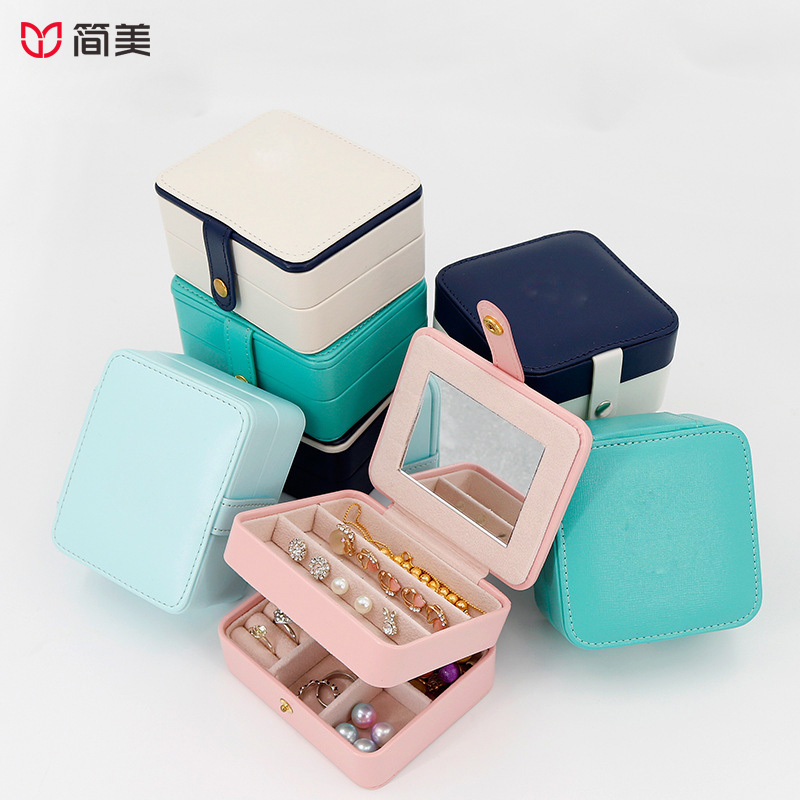 pu multifunctional jewelry box ring necklace earrings box with mirror wholesale