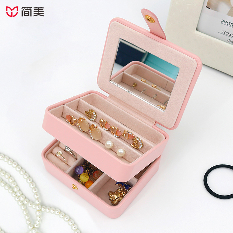 pu multifunctional jewelry box ring necklace earrings box with mirror wholesale